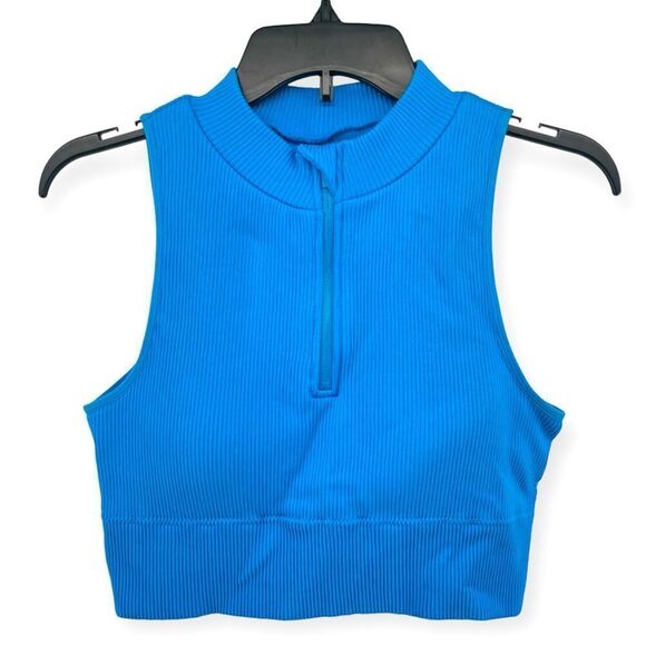 Jockey Women’s Blue Ribbed Quarter Zip Padded Sports Bra Crop Top Large - Picture 1 of 12
